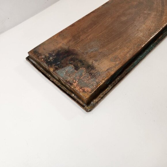 Chinese Copper Serving Tray Dragon Fish Symbols Bamboo Motif Antique 26x8" - Picture 8 of 14